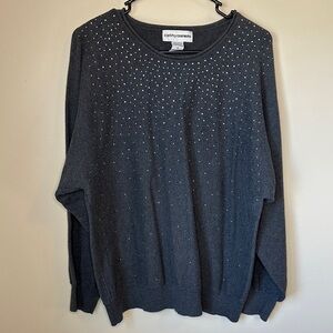 Cathy Daniels 1X Dark Charcoal Crewneck Sweater with Stud Accents - P2P 24”